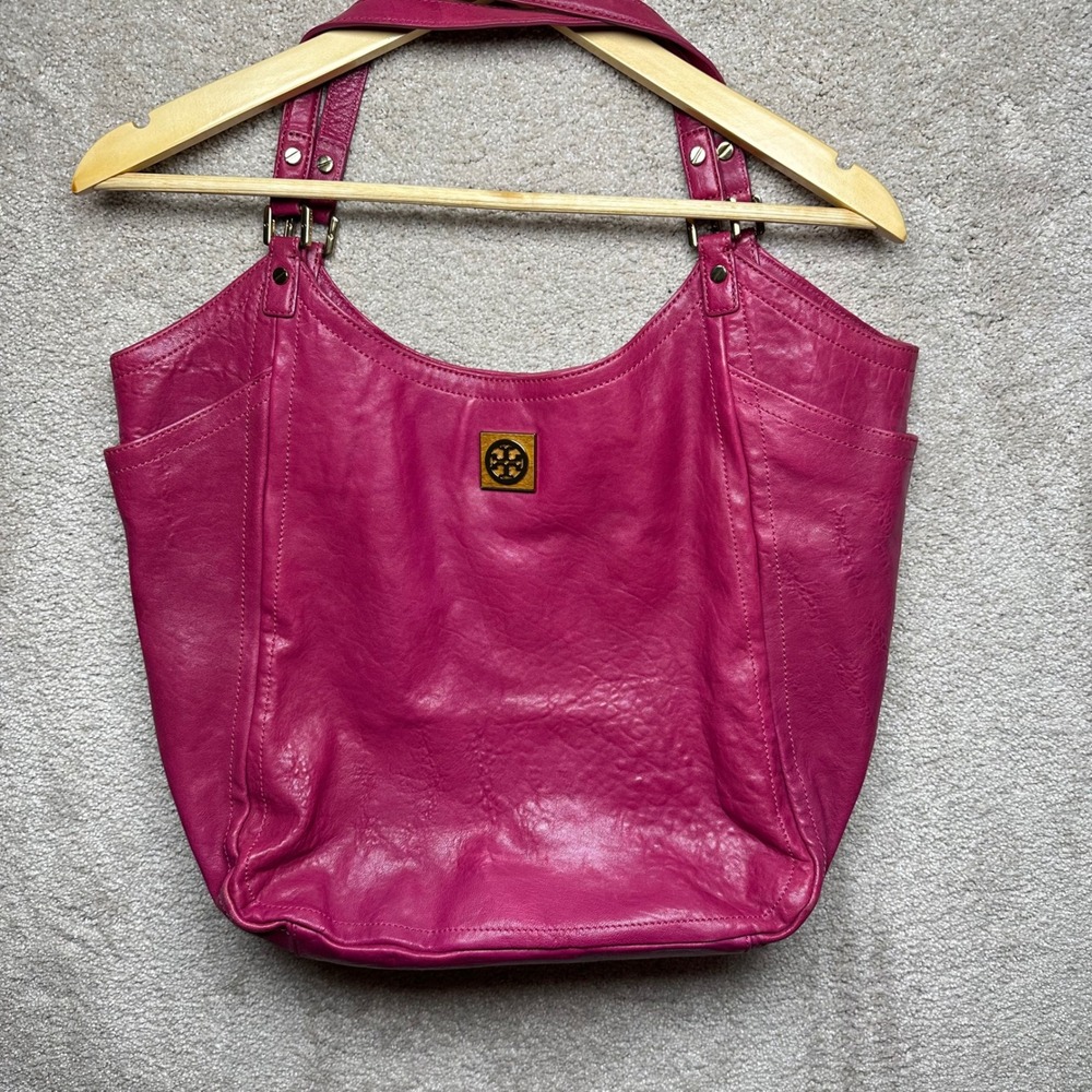 Tory Burch Magenta Leather Tote Shoulder Bag Gold Logo Accent Chic